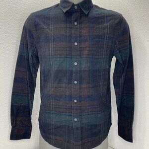 NEW VINCE Men’s Sierra Plaid Cotton Corduroy Shirt Olive Green/Ivy Sky Size M